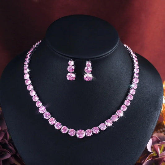 Zircons Gorgeous Shiny Rainbow Zirconia Round Chain Necklace Earrings Sets Jewellery.