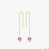 Fine Jewelry Pure 18K yellow Gold earrings long drop natural freshwater Pearl purple pink Round earrings.