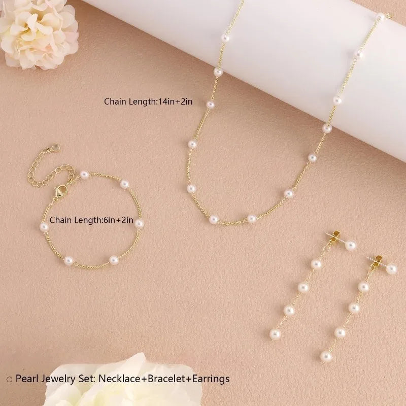 Gold Jewelry Set, Dainty 14K Gold/Silver Plated Pearl Necklace and Earring Set.