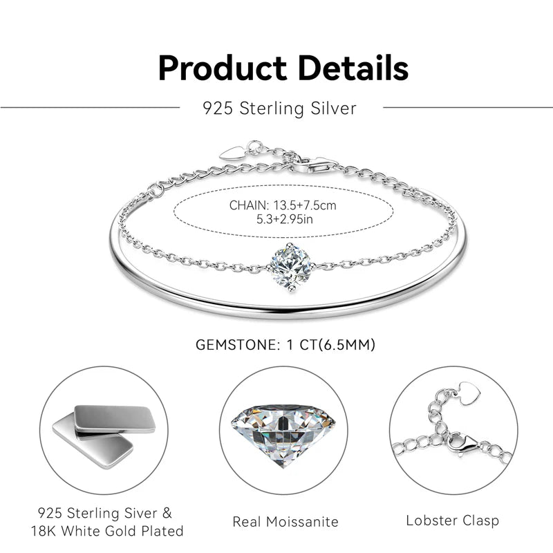 925 Sterling Silver Double Chain Cuff Bracelets Bling 6.5mm Moissanite Bracelet For Women Adjustable Wristband Jewelry Gift