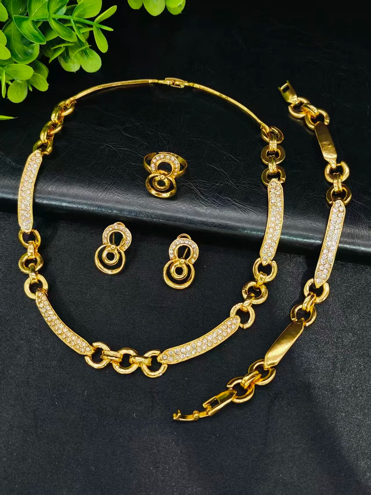 Luxury 24K Plated Gold Necklace Earrings Bracelet Ring ﻿Jewelry Set.