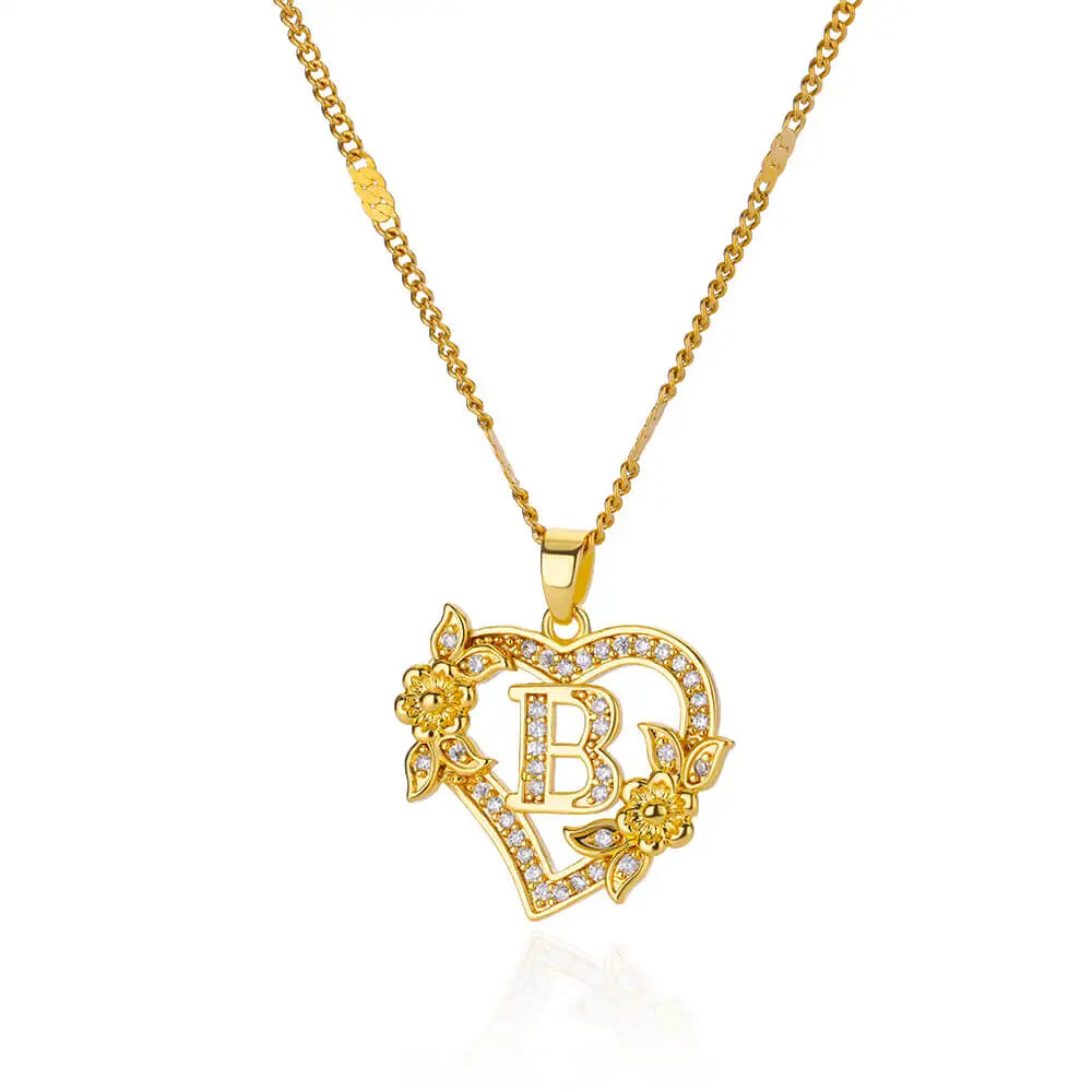 Zircon Flower Heart Initials Necklaces Stainless Steel Heart Letter