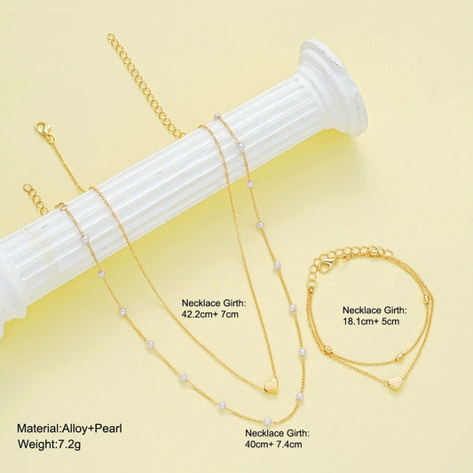 Imitation Pearl Heart Jewelry Set Gold Silver Color