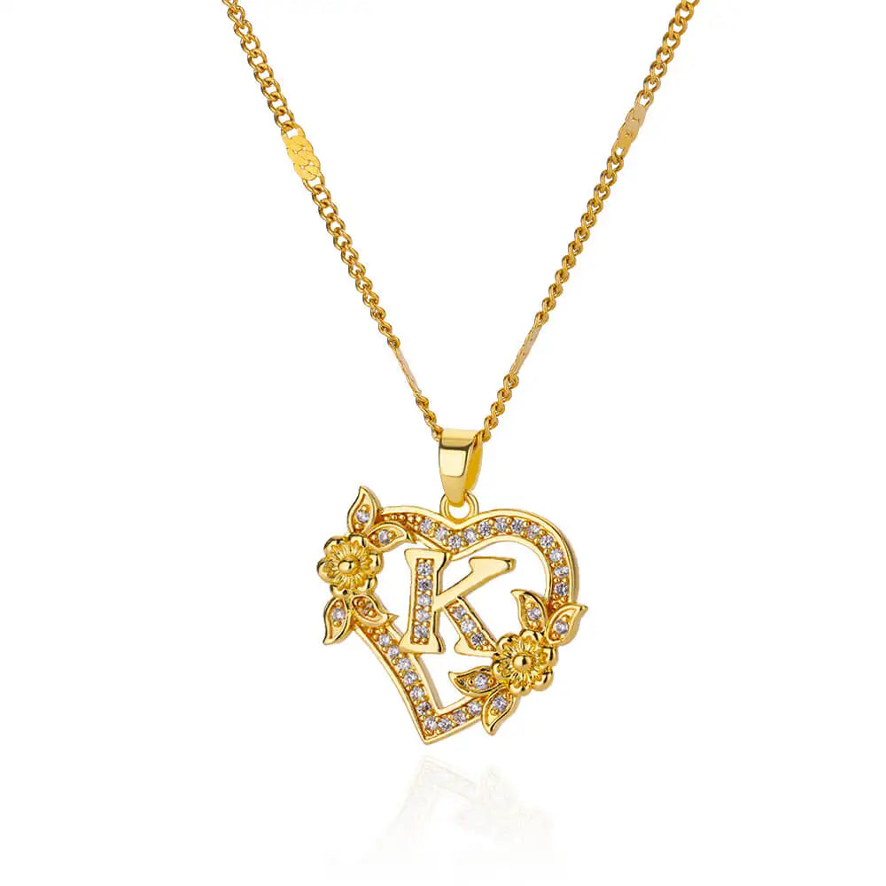 Zircon Flower Heart Initials Necklaces Stainless Steel Heart Letter