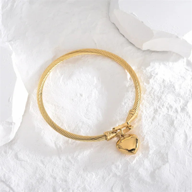 18k Gold Color Stainless Steel Heart Pendant Charm Bangle Bracelets.