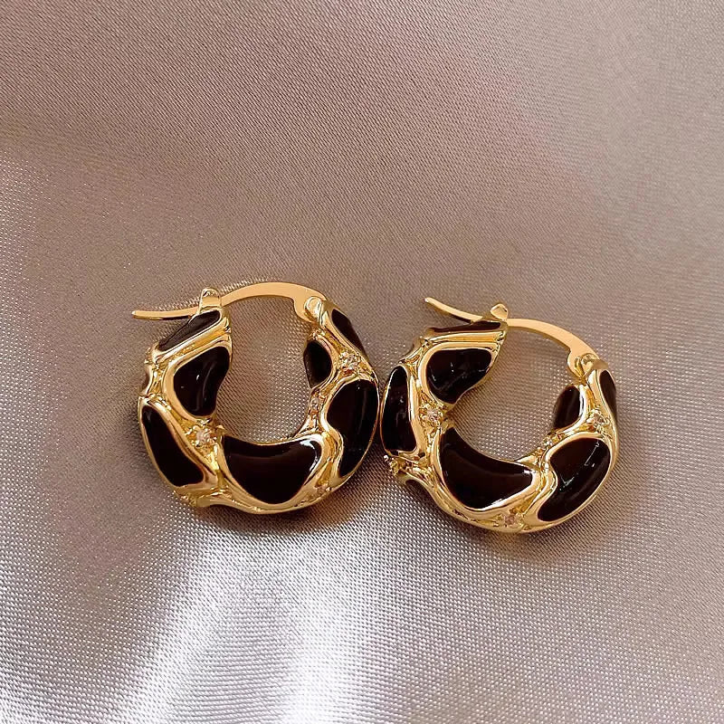 Trendy Enamel Color Metal Texture Small Hoop Earrings, Gold Plated Jewellery Gifts.