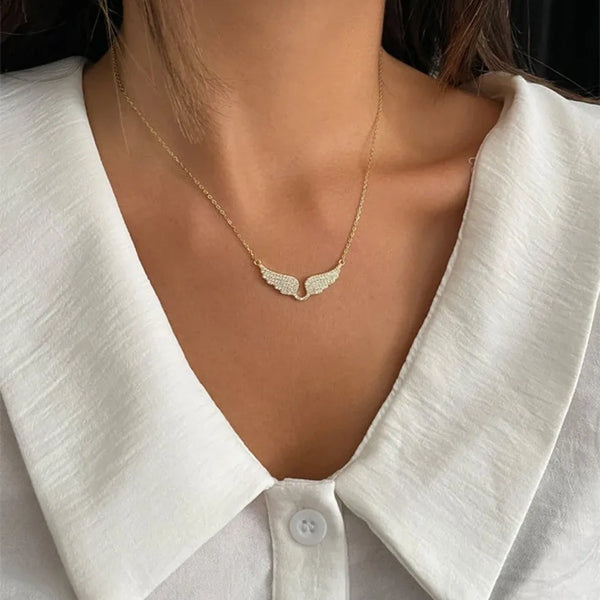 Exquisite Luxury Shining Full of Zircon Gold Color Wings Pendant Necklace Jewellery.