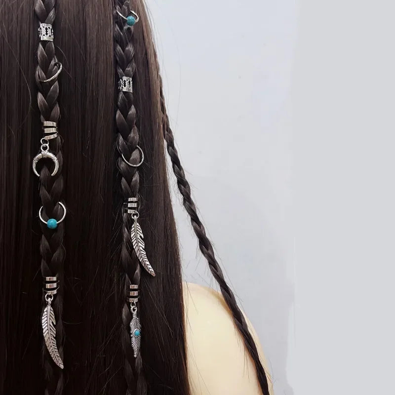 Hair Braids Retro Gold Leaves Moon Blue Beads Hair