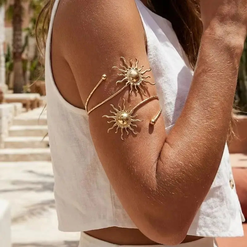 Elegant Sun Adjustable Cuff Bracelet Unique Gold Upper Arm Bangle.