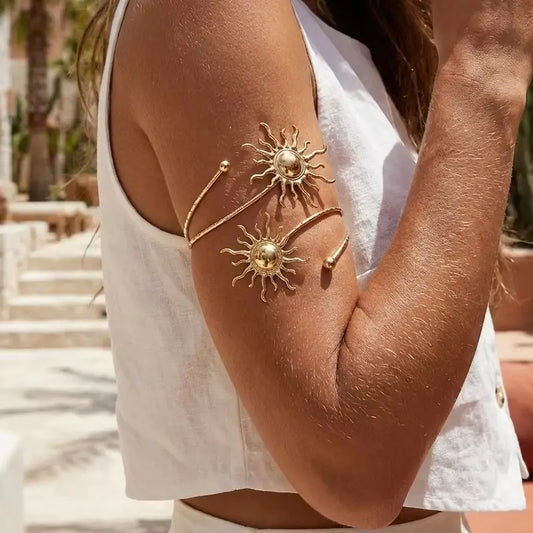 Elegant Sun Adjustable Cuff Bracelet Unique Gold Upper Arm Bangle.