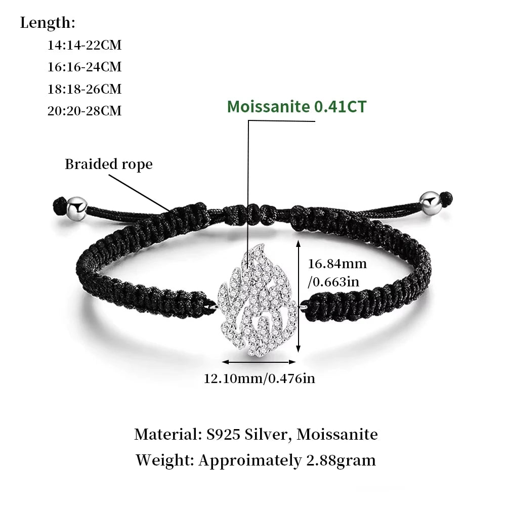 MUXIFC All Moissanite Bracelets Braided-rope Adjustable Hand Chain For Women Men 925 Silver Fashion Flame Bracelet GRA Jewelry
