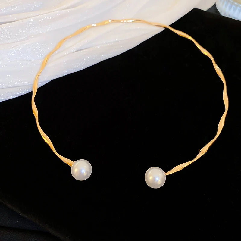 Zircon Double Layered Water Drop Heart Silver Scrap Imitation Pearl Cross Wave Open Collarbone