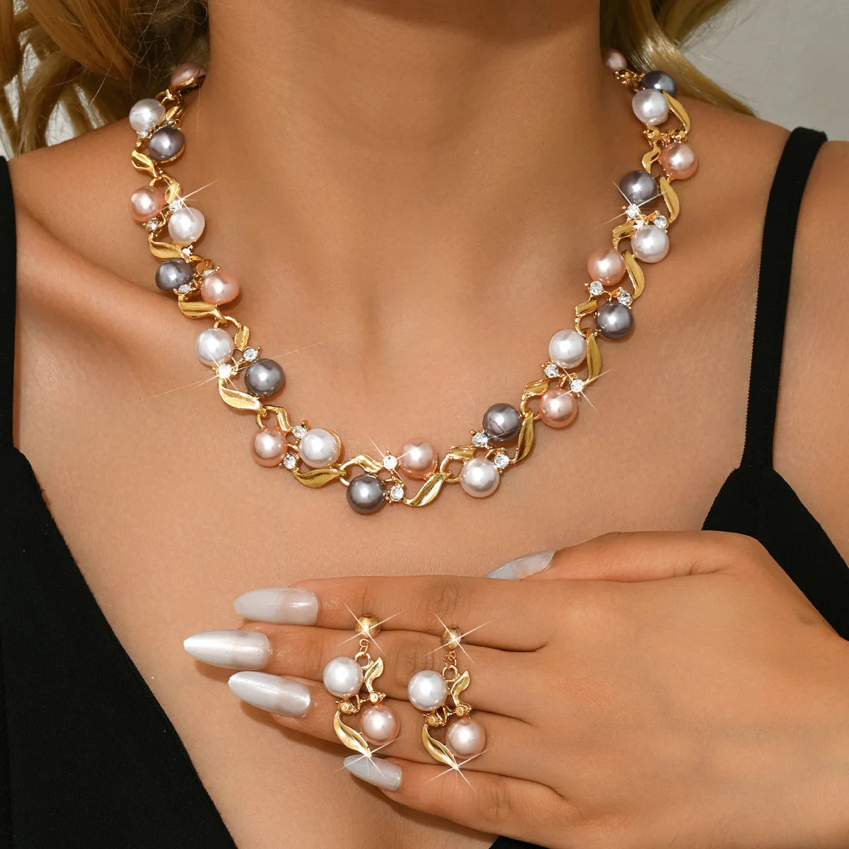 Elegant Faux Pearl Necklace Earrings Set  Zinc Alloy Jewelry Kit.