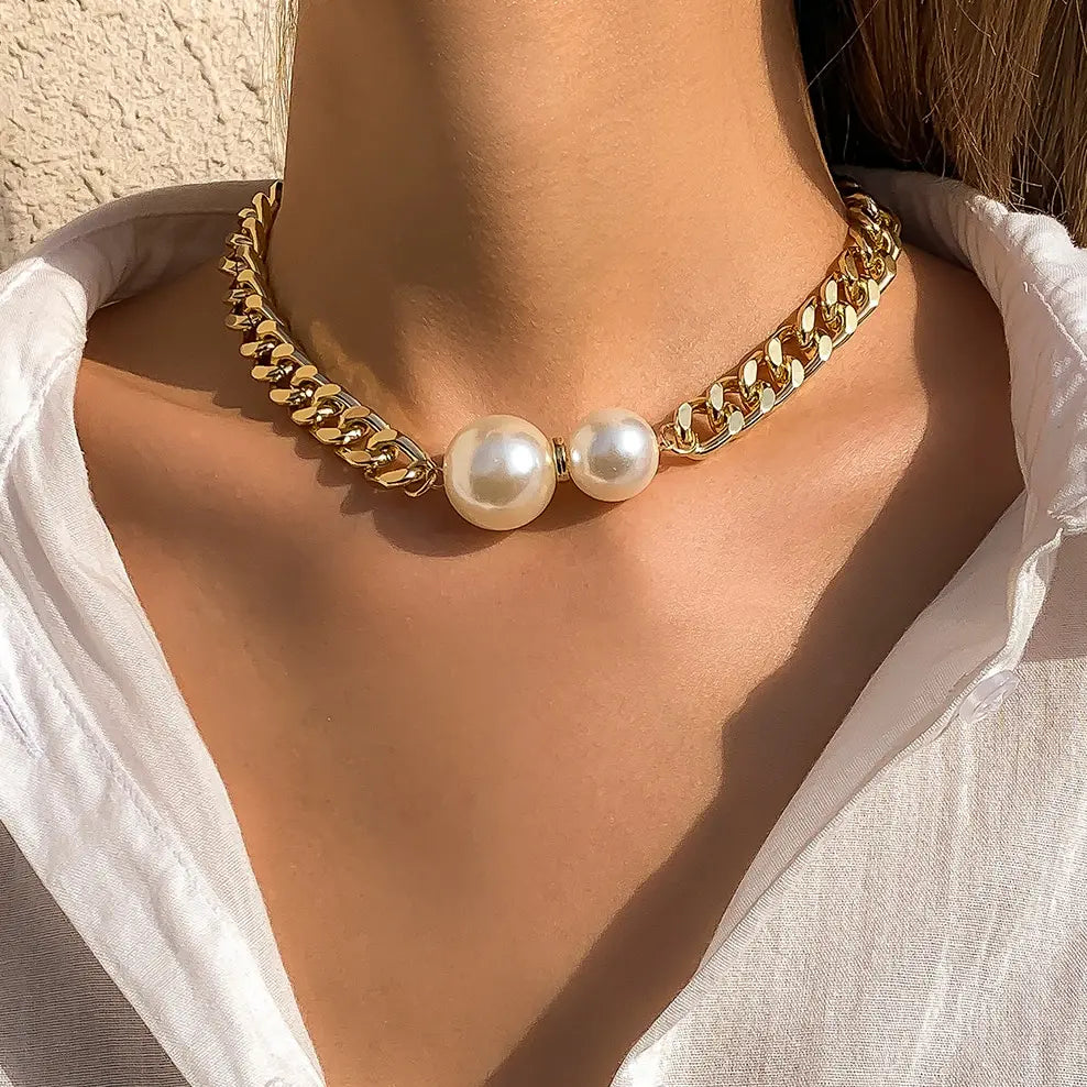 Vintage Punk Cuban Necklaces Women Gothic Imitation-Pearl Pendant Necklace