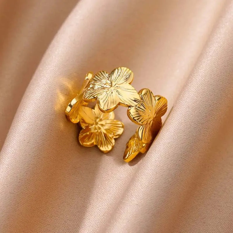 Elegant Stainless Steel Big Bloom Flower Rings, 18k Gold PVD Plated Open Ring Finger Jewelry.