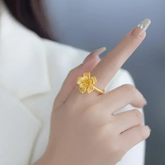 9999 real gold 24K yellow gold High-grade Light Luxury Ancient Open Flower Ring.
