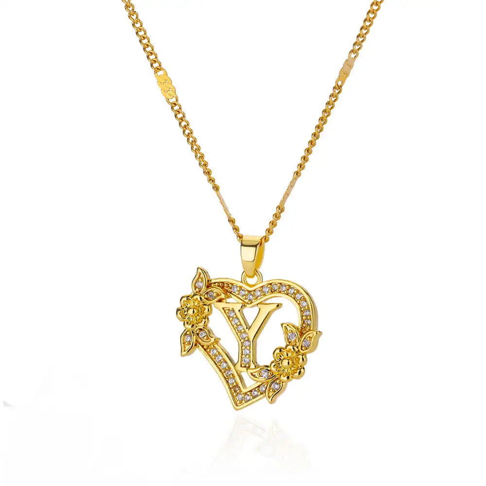 Zircon Flower Heart Initials Necklaces Stainless Steel Heart Letter