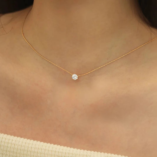 Stainless Steel Gold Plated Zircon Charm Anti Tarnish Round Clear Cz Stone Necklace Jewellery