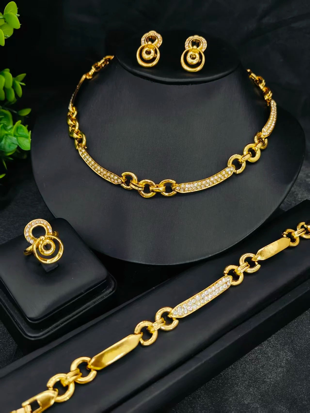 Luxury 24K Plated Gold Necklace Earrings Bracelet Ring ﻿Jewelry Set.