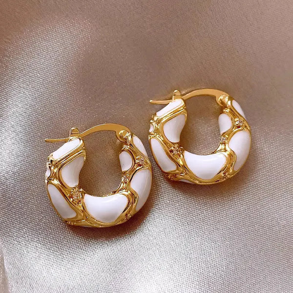 Trendy Enamel Color Metal Texture Small Hoop Earrings, Gold Plated Jewellery Gifts.