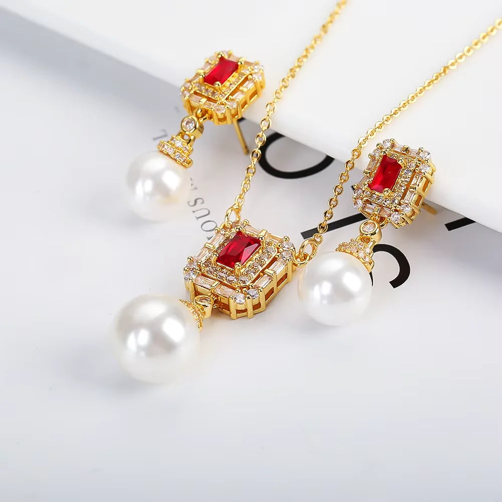 Luxury Irregular Pearl Classic Retro Pendant Jewelry Set 18K Gold Plated Crystal.