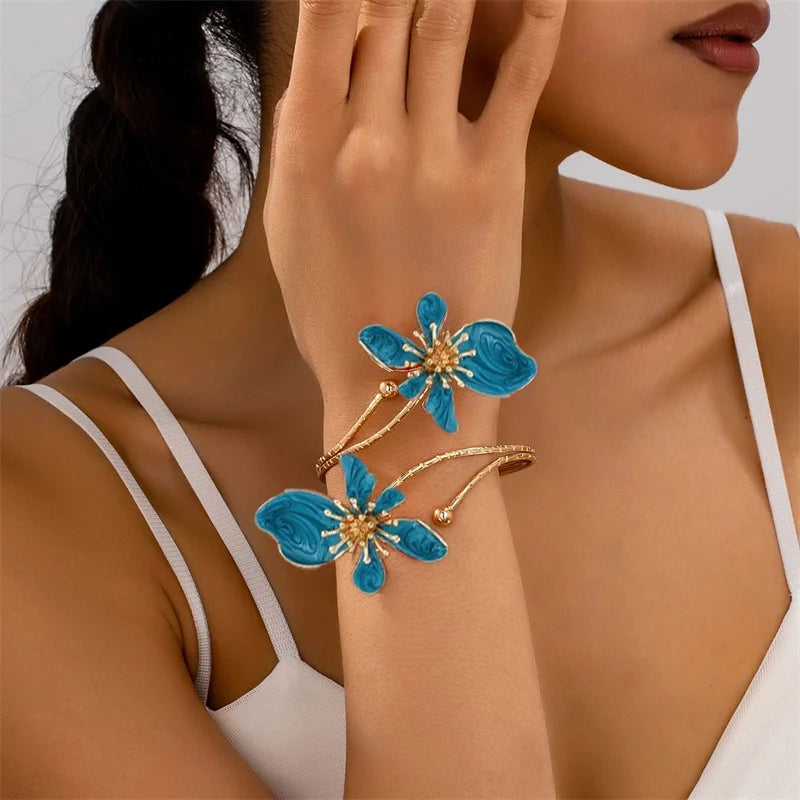 Bohemian Enamel Floral upper arm Bracelet for Women trendy Oil Drip Flower open Cuff Bangle Handmade Party Holiday Jewelry gift