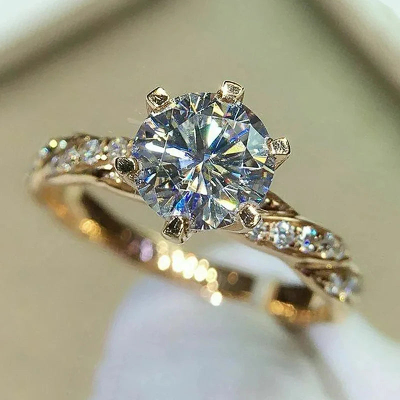 Huitan Classic 6 Claw Cubic Zirconia Rings Luxury Gold Color.