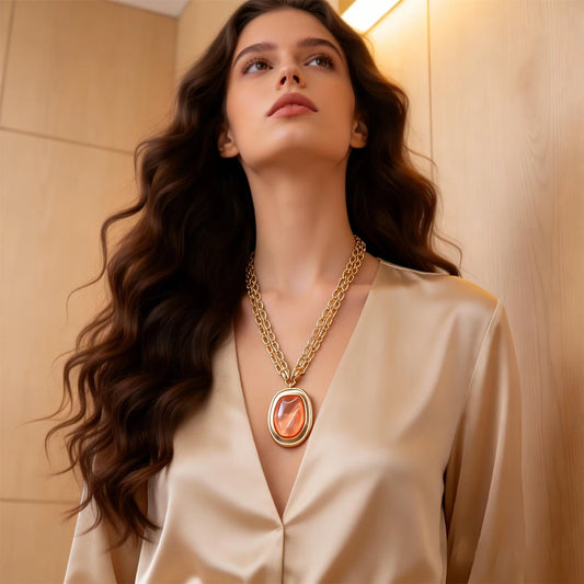 Peach Stone Layered Gold Chain Necklace (Modern Minimalist) Statement Jewelry.