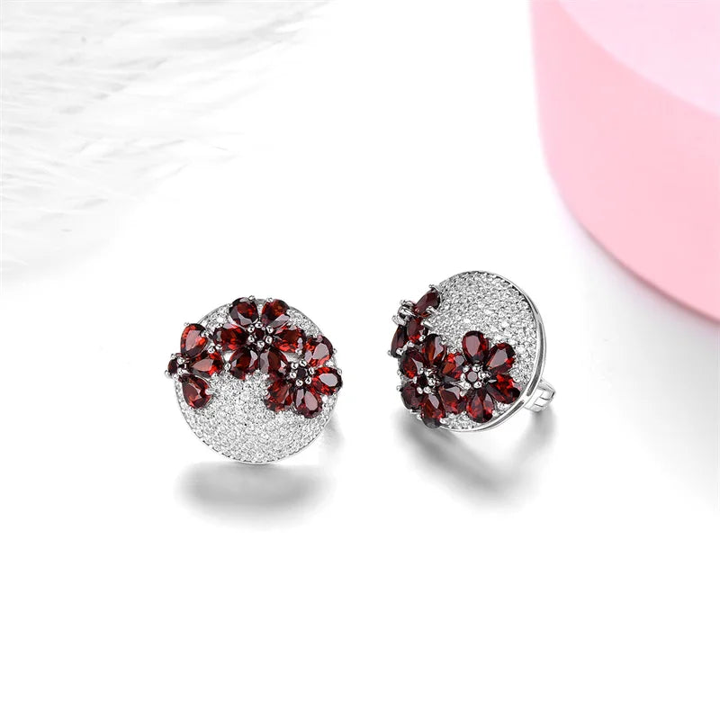 Natural Red Garnet Solid Silver Clip Earring 5.2 Carats Genuine Garnet Faced Cut Elegant Style.