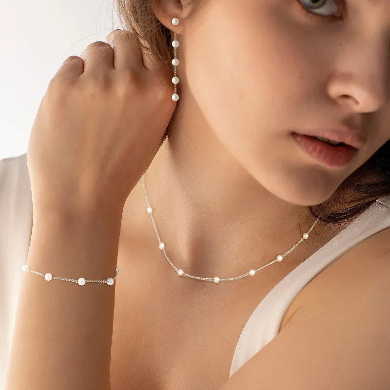 Gold Jewelry Set, Dainty 14K Gold/Silver Plated Pearl Necklace and Earring Set.