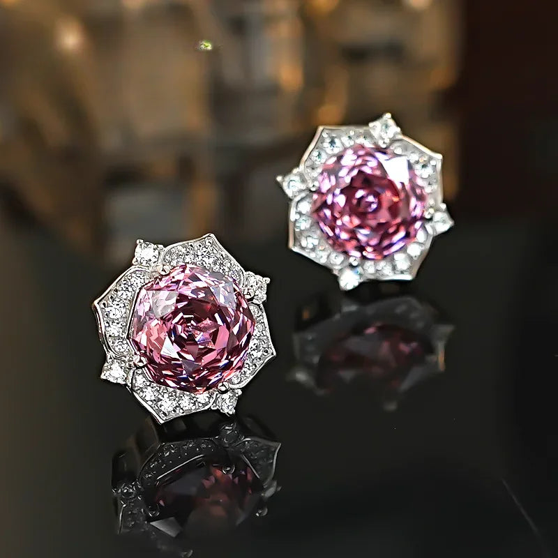 Millennium Purple Pink Flower 925 Silver Earrings Inlaid with High Carbon Diamond Light Luxury