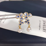 Freshwater Pearl Earrings 7-7.5mm Zircon Symmetry Flower Style Fashion Jewellery.