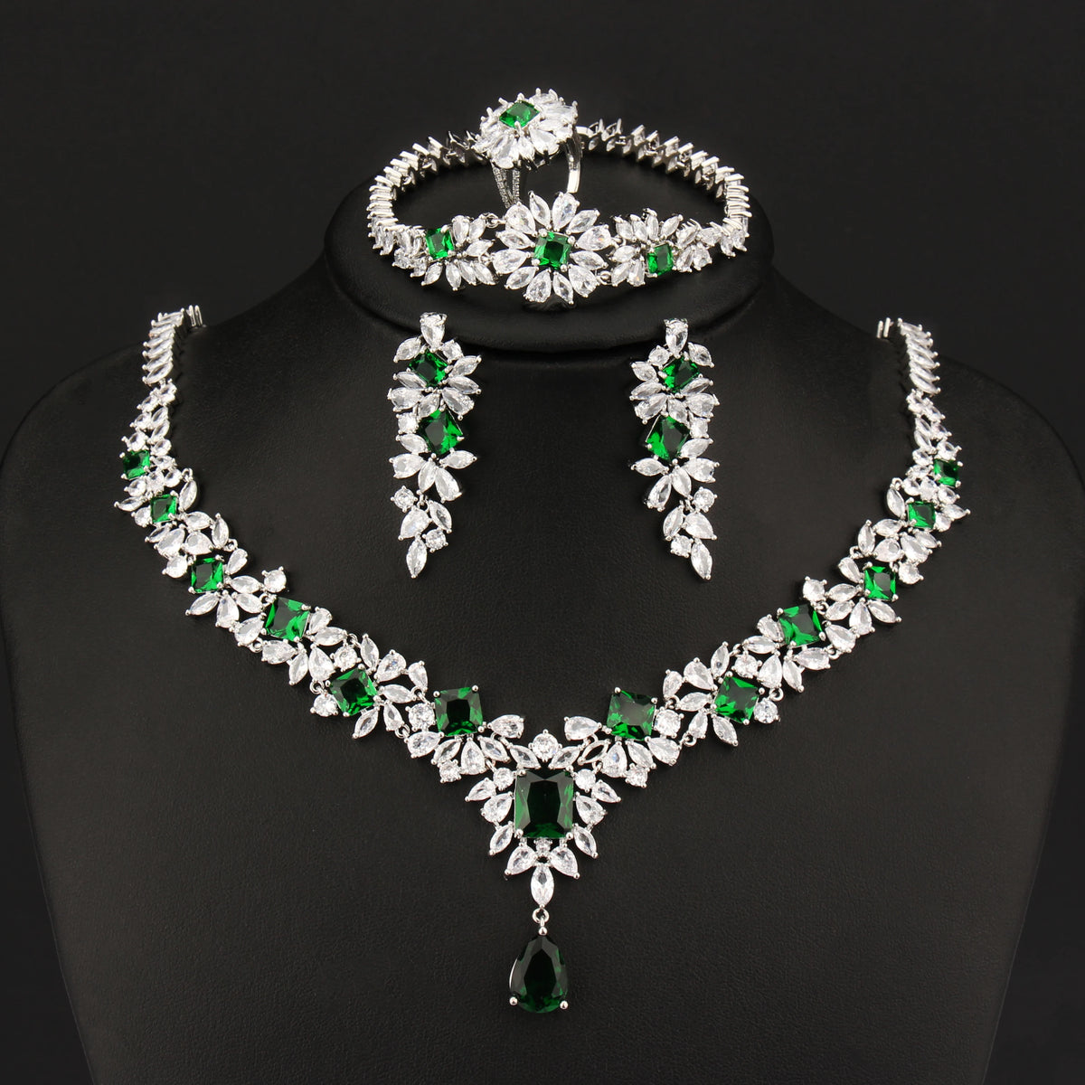 Luxury Green Cubic Zirconia Earrings Necklaces Sets Accessories.