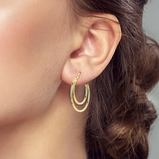 925 Sterling Silver Gold Color Plated Earrings Women Sparkling Large Double Hoop Earring.