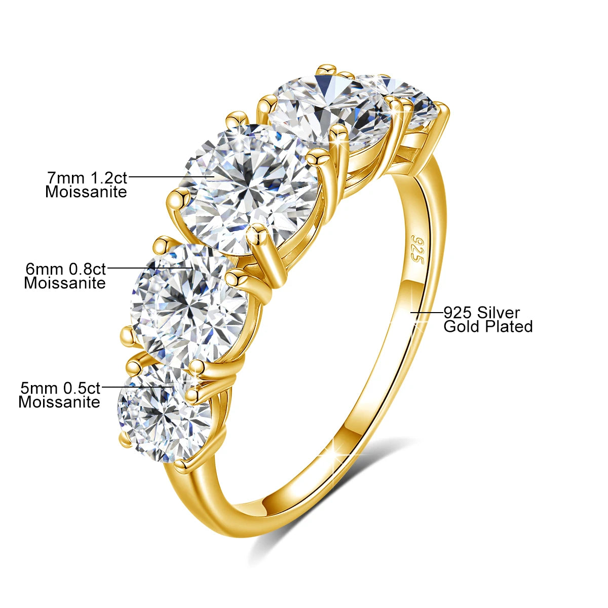 18k Plated 3.8CTW Genuine Moissanite Rings 5 Stones Sparkling 925 Sterling Silver.