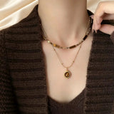 Retro Temperament Layered Stone Pendant Necklace For Women Stainless Steel Collarbone Chain necklaces.