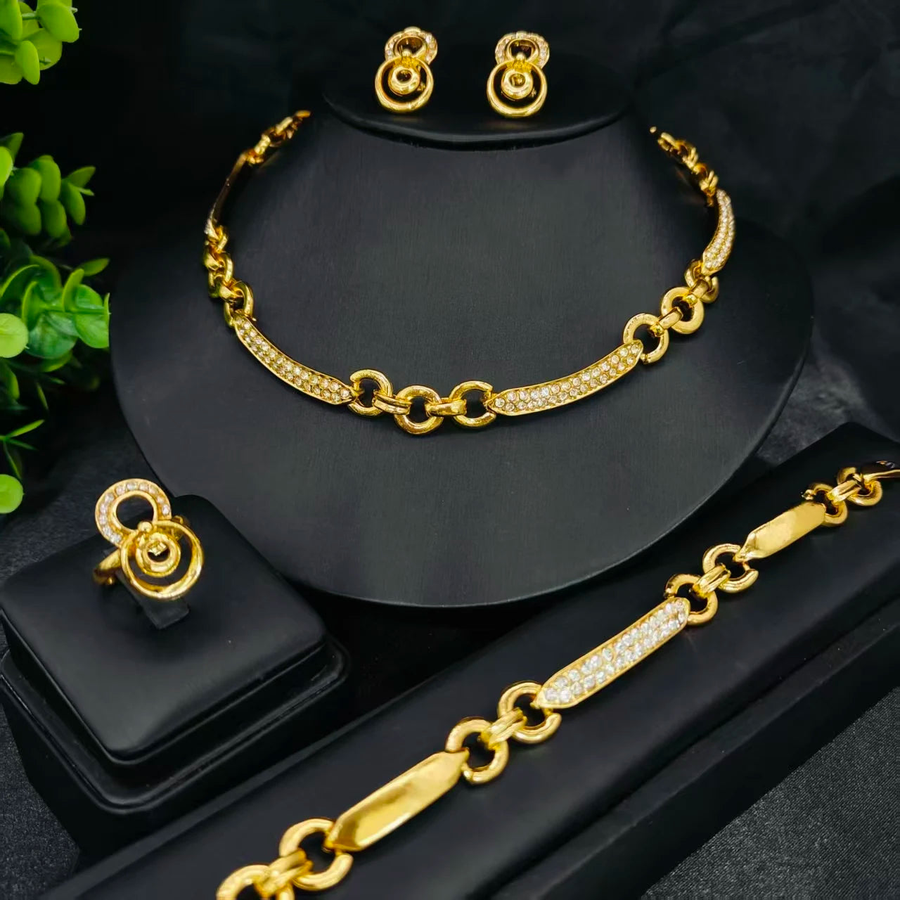 Luxury 24K Plated Gold Necklace Earrings Bracelet Ring ﻿Jewelry Set.
