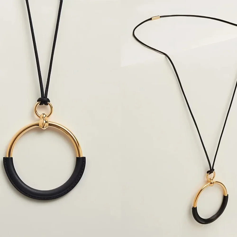 Retro Circle Black Rope Pendant Chain Long Necklace Classic Minimalist Jewellery.