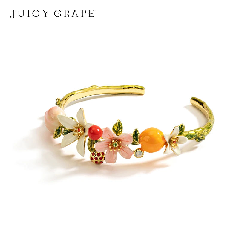 JUICY GRAPE Adjustable Bangles Peaches Oranges Cherries Flowers Fruit Series Enamel Bracelet Wedding Party Jewelry Gifts