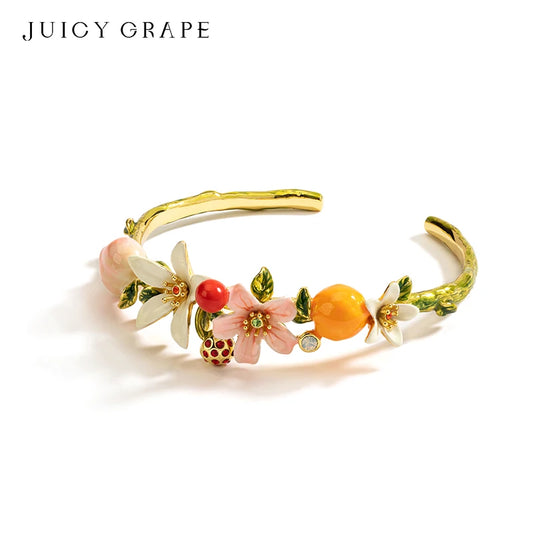 JUICY GRAPE Adjustable Bangles Peaches Oranges Cherries Flowers Fruit Series Enamel Bracelet Wedding Party Jewelry Gifts