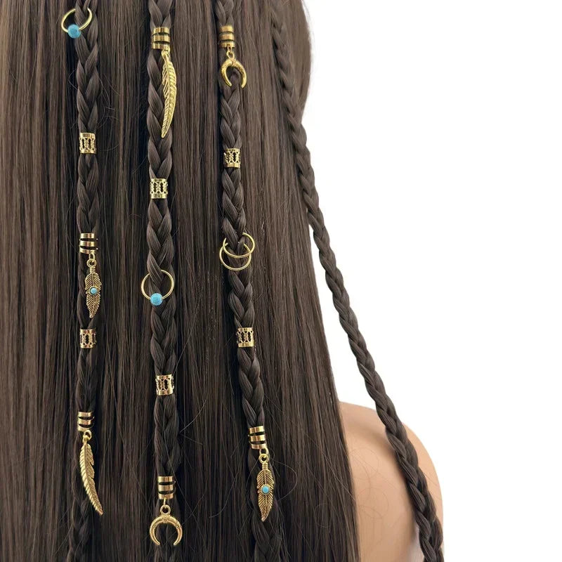 Hair Braids Retro Gold Leaves Moon Blue Beads Hair