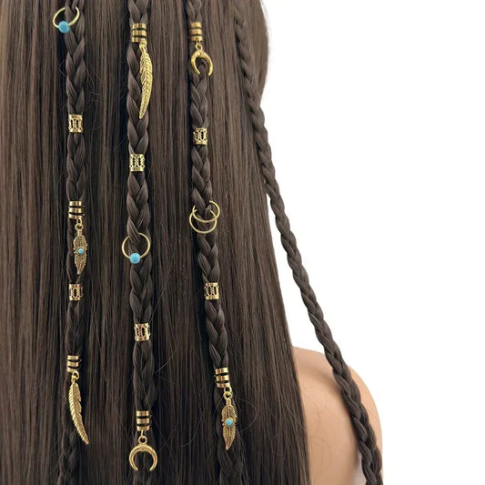 Hair Braids Retro Gold Leaves Moon Blue Beads Hair