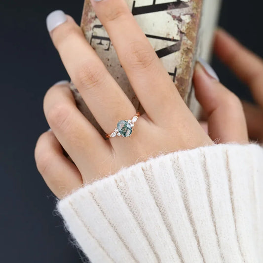Natural Unique 6x8mm Oval Moss Agate Rings, 925 Sterling Silver Handmade Ring Fine Jewellery.