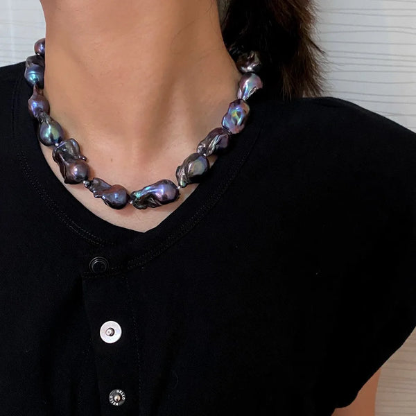 Large Pearl Irregular Statement Necklace  Black Peacock Blue Natural Pearls Jewelry.