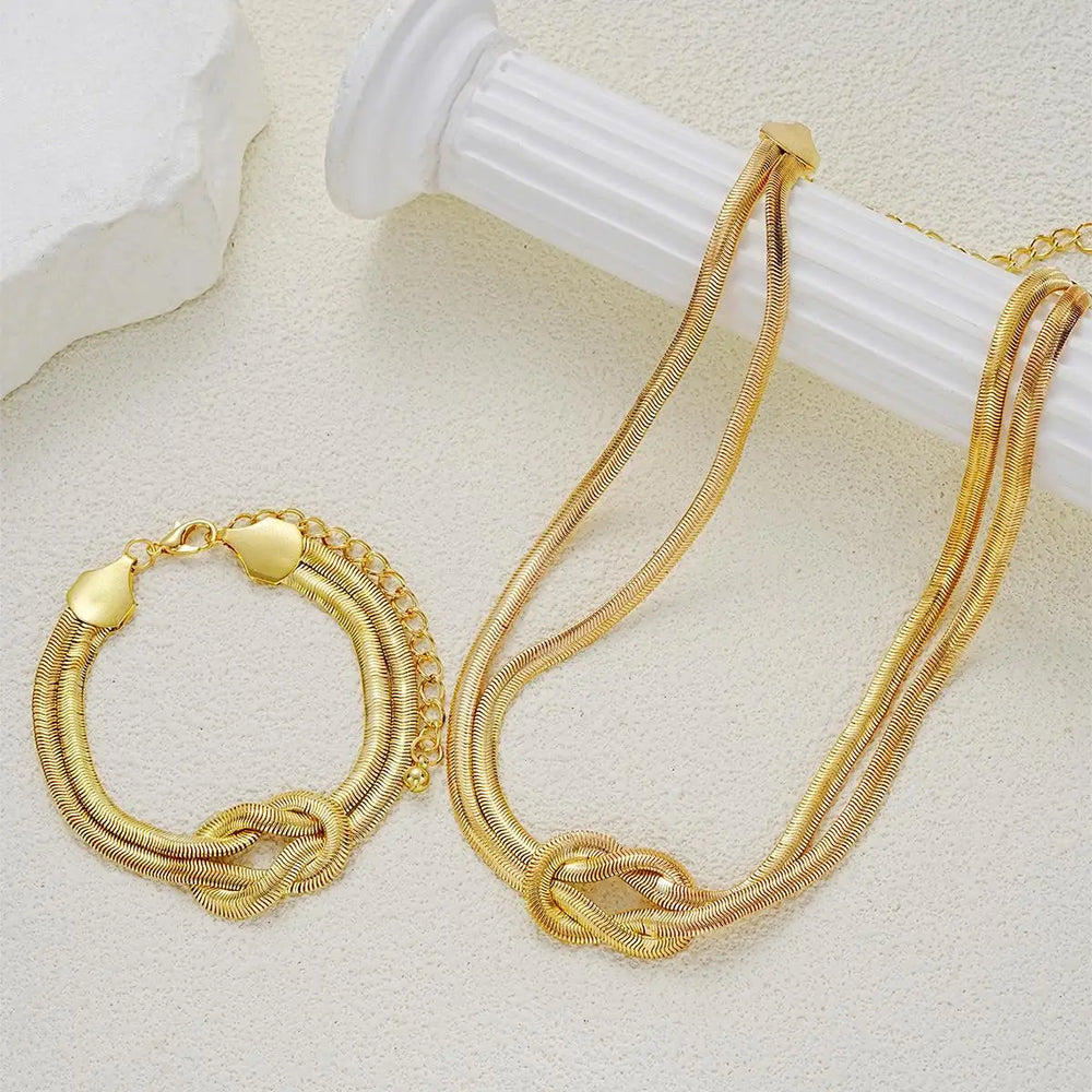 Double Layer Knot Necklace Bracelet Set Gold Color Snake Twisted Chunky Fashion Jewellery Accessories.