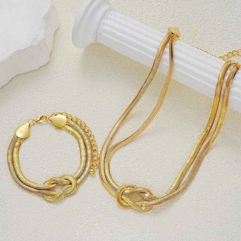Double Layer Knot Necklace Bracelet Set Gold Color Snake Twisted Chunky Fashion Jewellery Accessories.