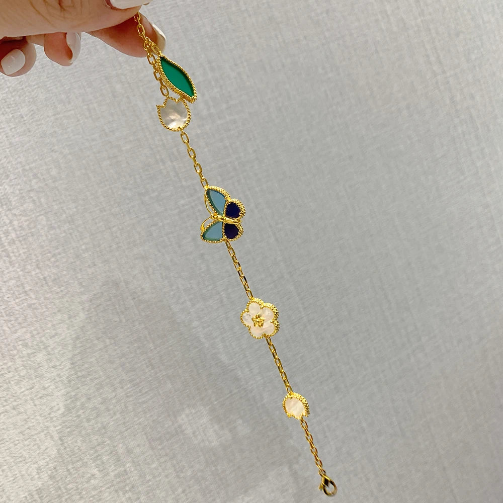 Hot Luxury Brand Real 925 Sterling Silver Bracelet Natural Shell Clover Flower Butterfly Chain Exquisite Couple Women Jewelry