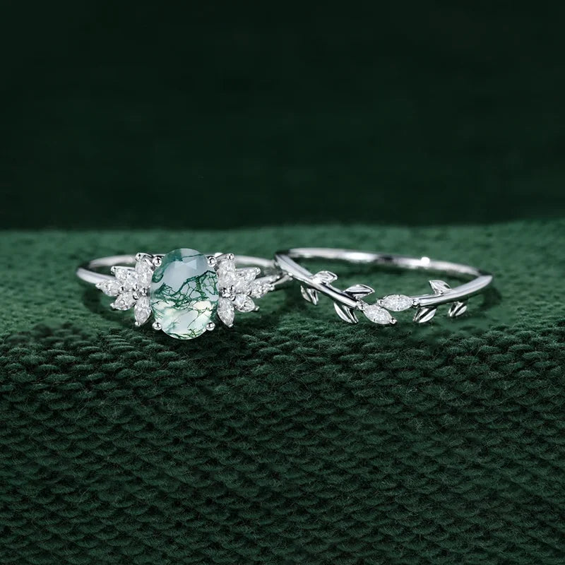 Unique Oval Cut Moss Agate Ring Set 925 Sterling Silver Leaf Branch Rings Handmade Jewellery Gift.