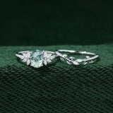Unique Oval Cut Moss Agate Ring Set 925 Sterling Silver Leaf Branch Rings Handmade Jewellery Gift.
