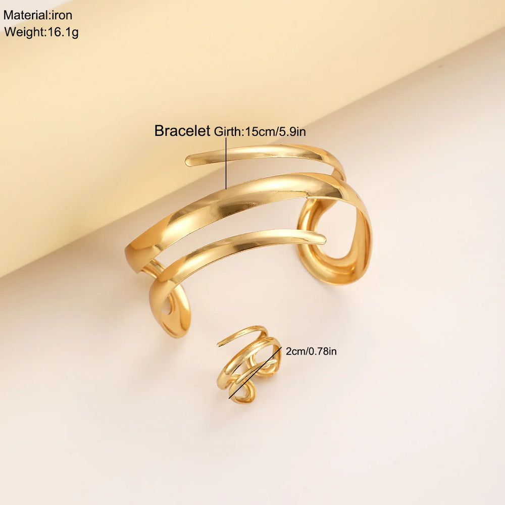 Fashion Metal Open Bracelet & Ring Set For Gold Silver Color Smooth Bangle Rings Elegant Jewellery.